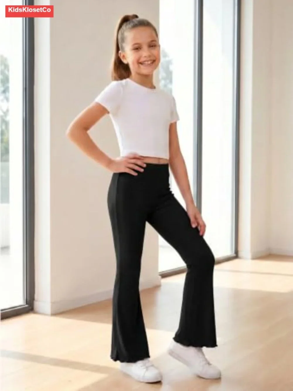 Girls Ribbed Knit Flare Leggings High Waist Bell Bottom Pants Yoga Gymnastics